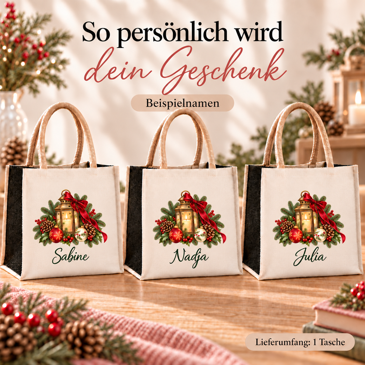 Drei Weihnachtstaschen mit identischem Winterlaterne-Motiv und verschiedenen Beispielnamen zur Personalisierung