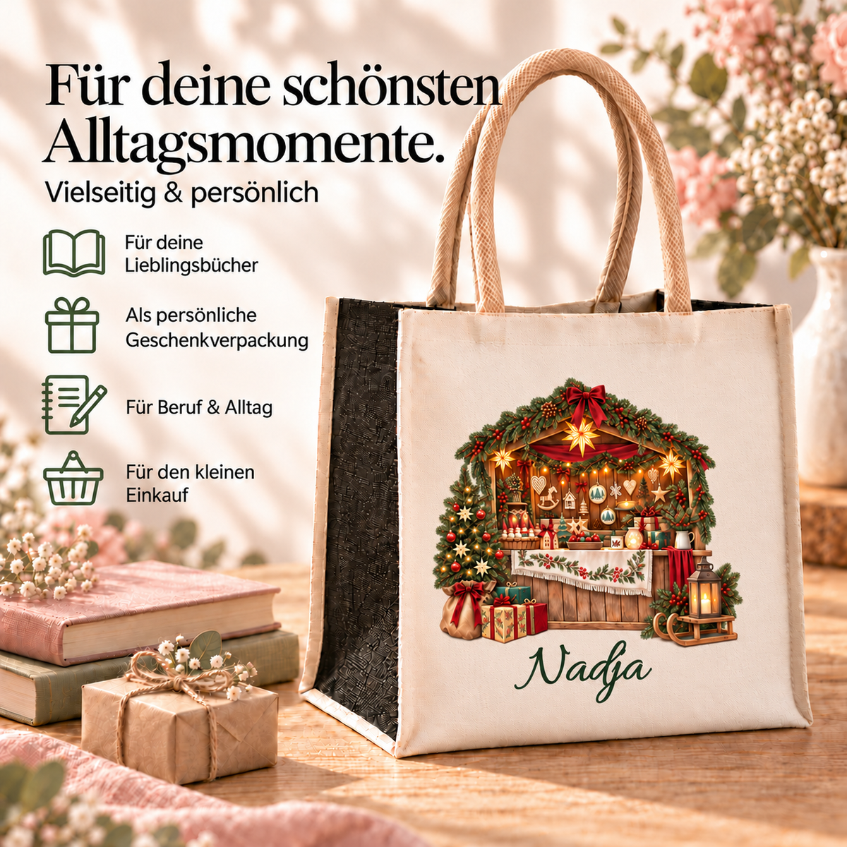 Personalisierte Einkaufstasche mit Weihnachtsmarkt-Motiv und Beispielen für Bücher, Geschenkverpackung, Beruf und Einkauf