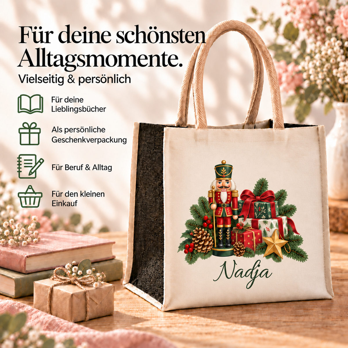 Personalisierte Einkaufstasche mit Nussknacker-Motiv und Beispielen für Bücher, Geschenkverpackung, Beruf und Einkauf