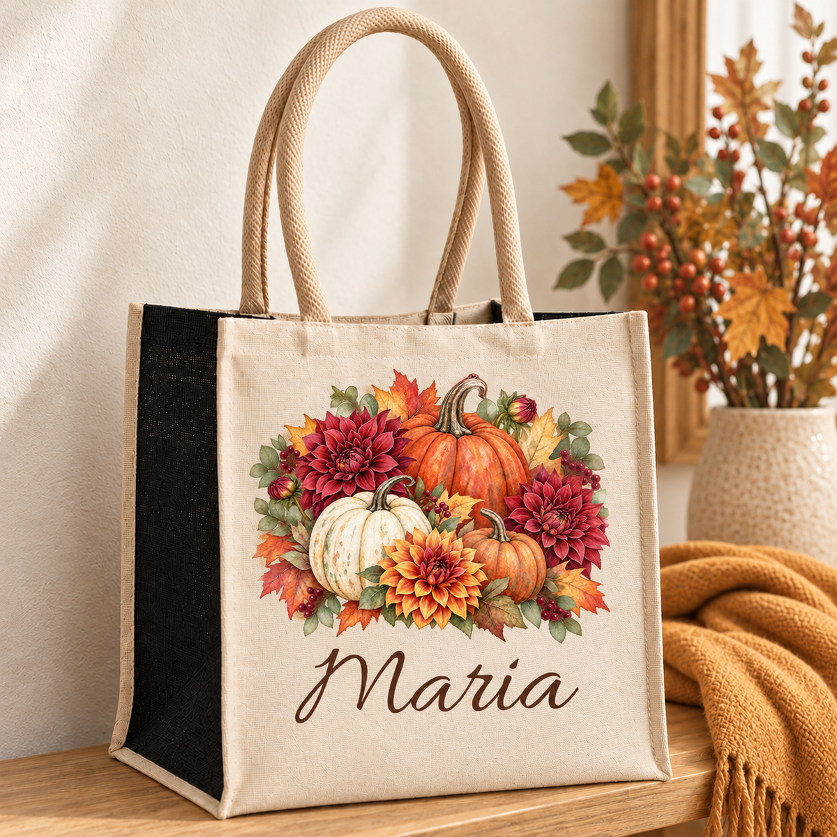 Baumwoll-Jute-Tasche mit Kürbis und Dahlien und Wunschname auf einer Holzbank