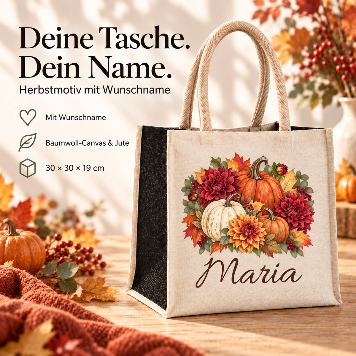Personalisierte Tasche mit Kürbis und Dahlien, Größen- und Materialangaben