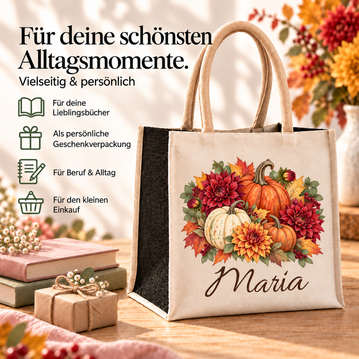 Tasche mit Kürbis und Dahlien und Wunschname für Einkauf und Alltag