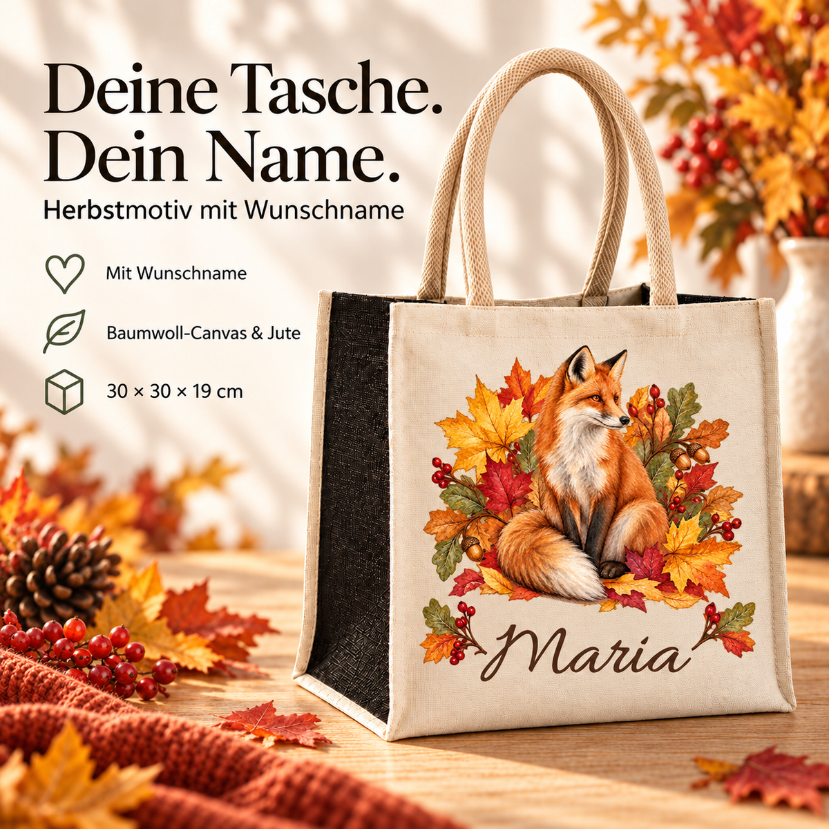 Personalisierte Tasche mit Fuchs und Herbstlaub, Größen- und Materialangaben