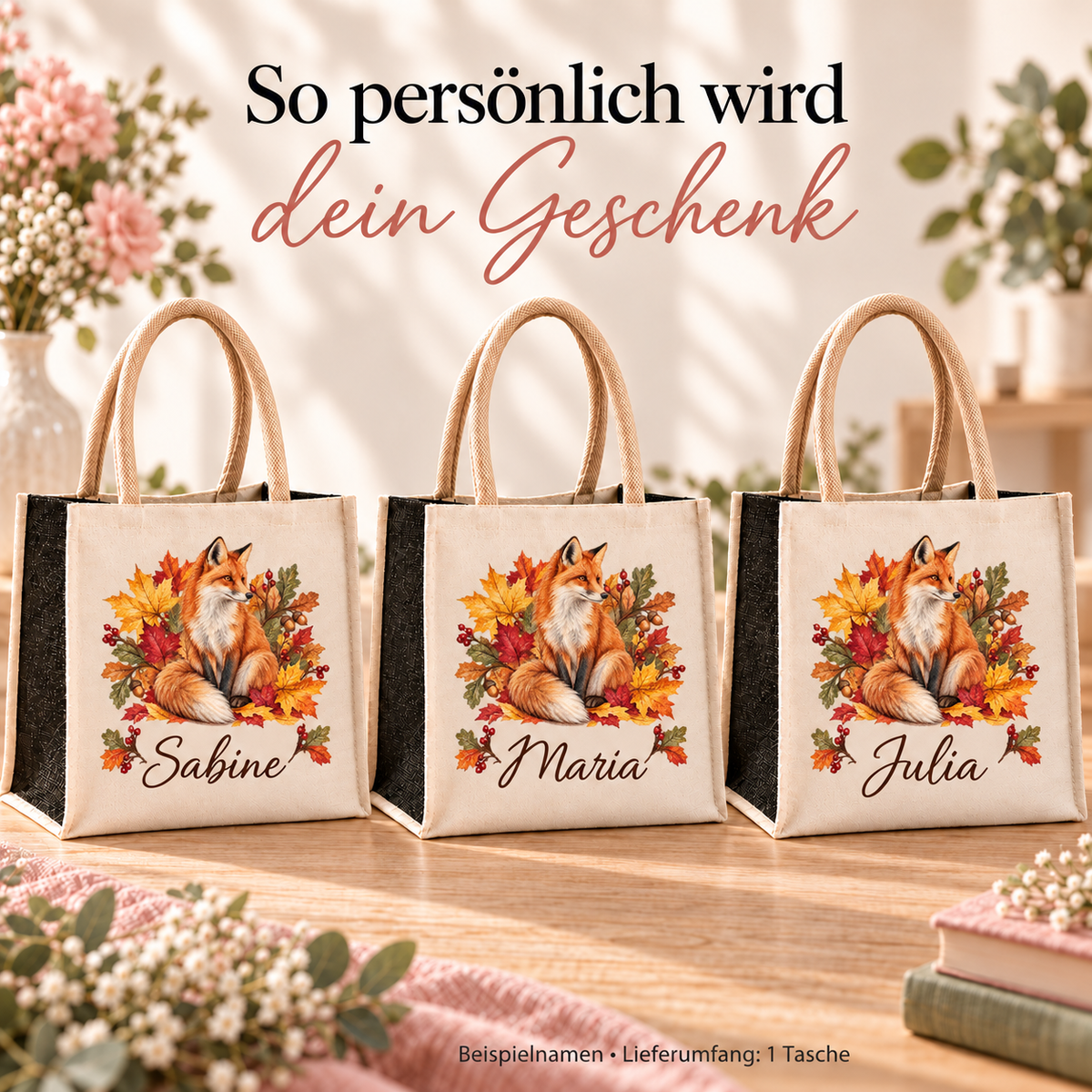 Mehrere Taschen mit Fuchs und Herbstlaub und unterschiedlichen Wunschnamen