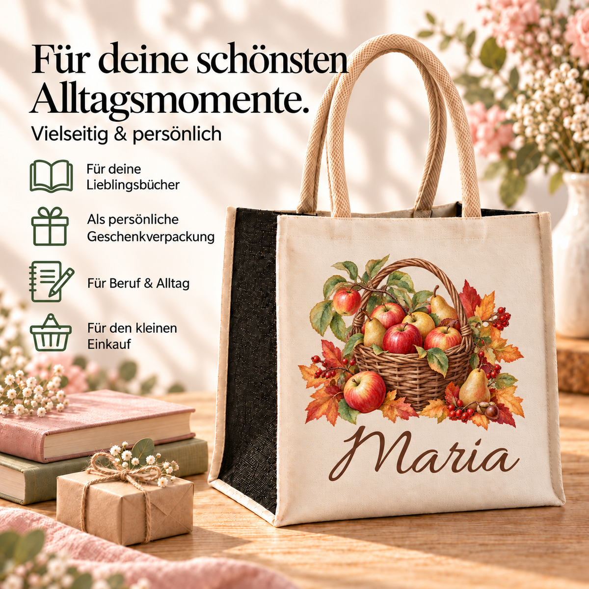 Tasche mit Apfelkorb und Wunschname für Einkauf und Alltag