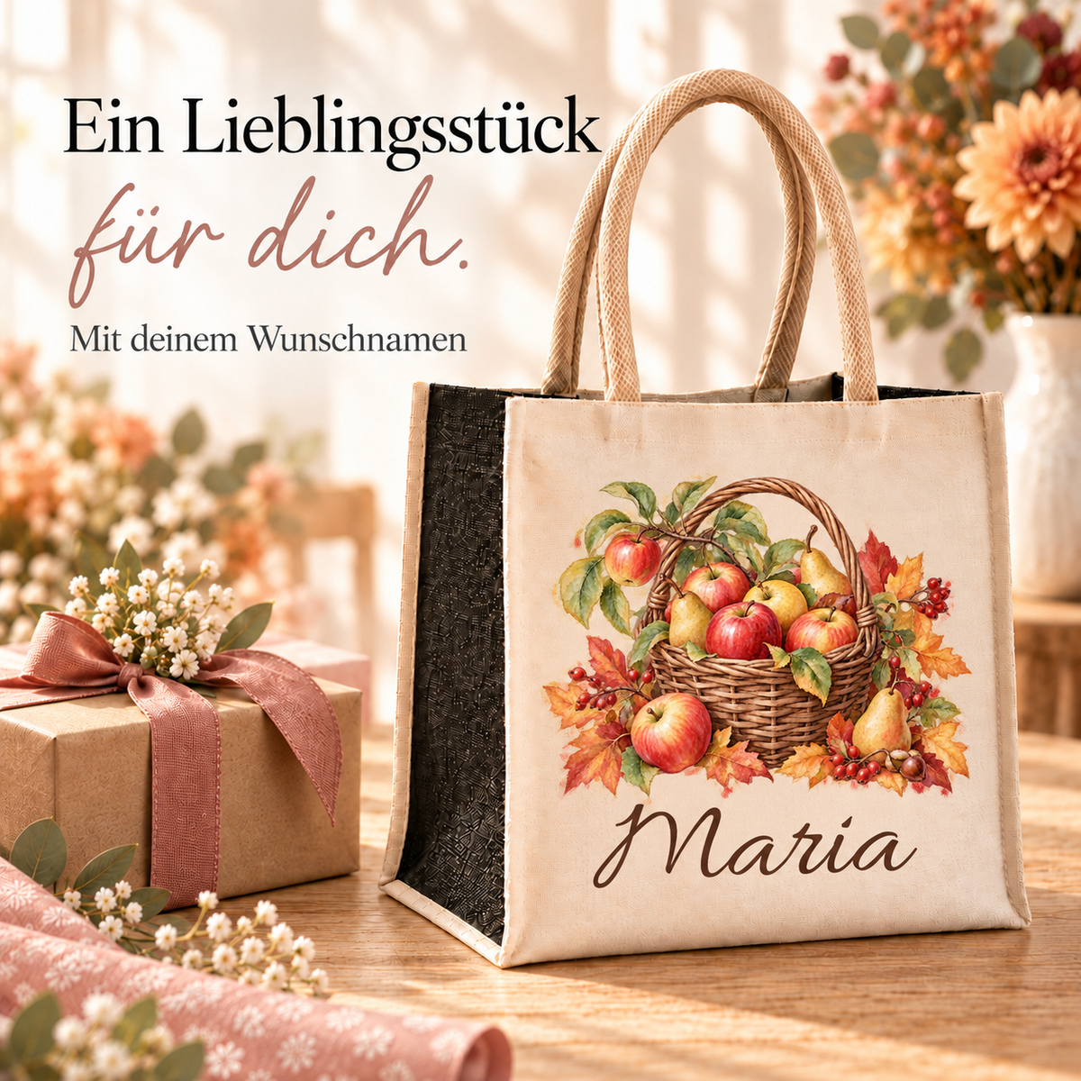 Tasche mit Apfelkorb und Wunschname in einer warmen Geschenkszene