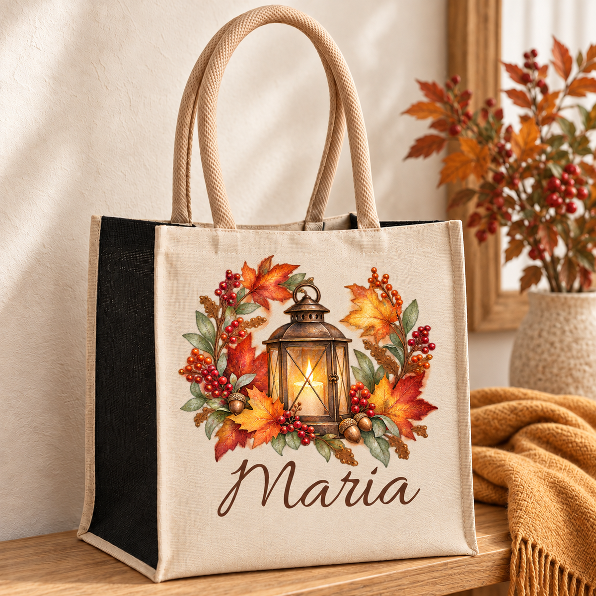 Baumwoll-Jute-Tasche mit Laterne im Herbstkranz und Wunschname auf einer Holzbank