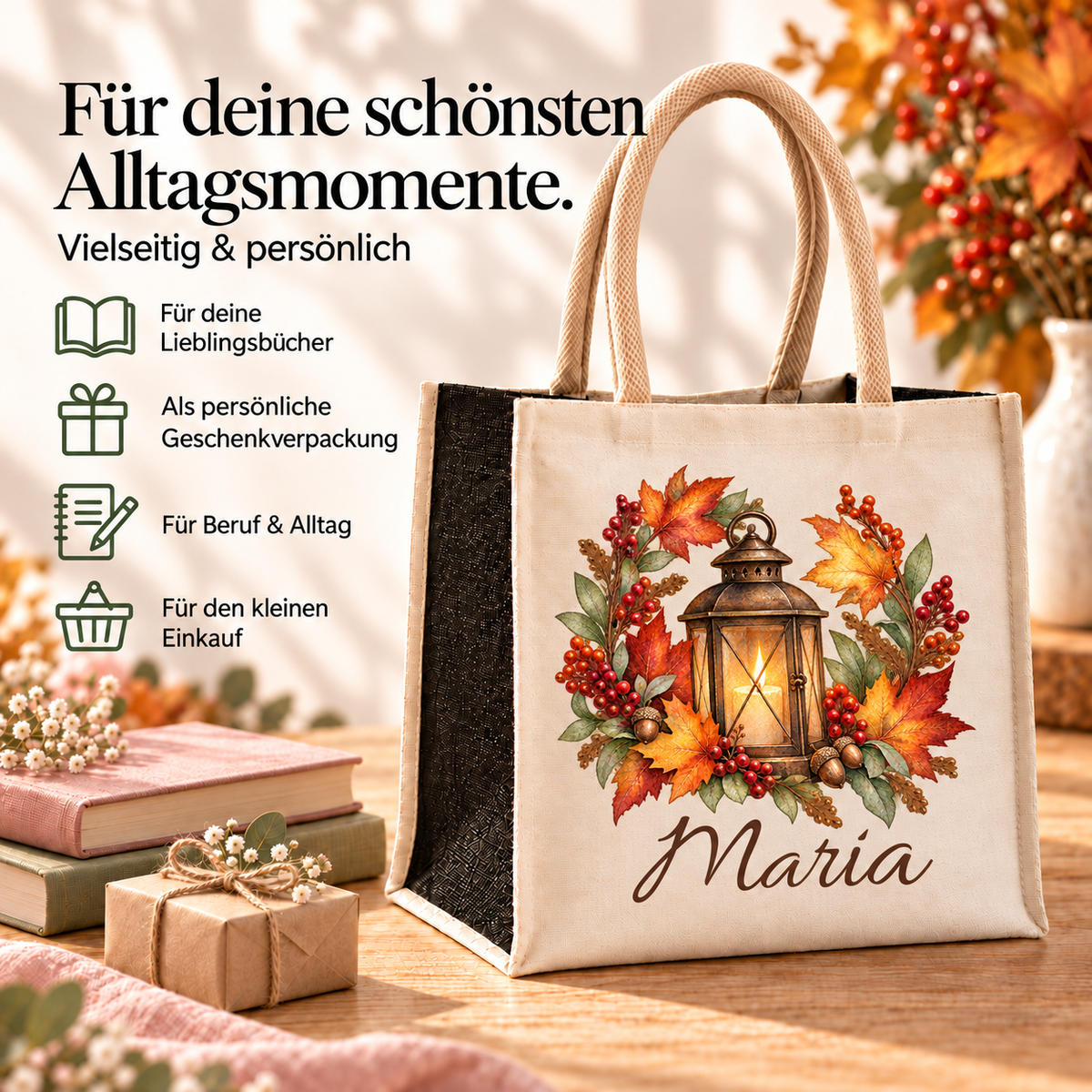 Tasche mit Laterne im Herbstkranz und Wunschname für Einkauf und Alltag