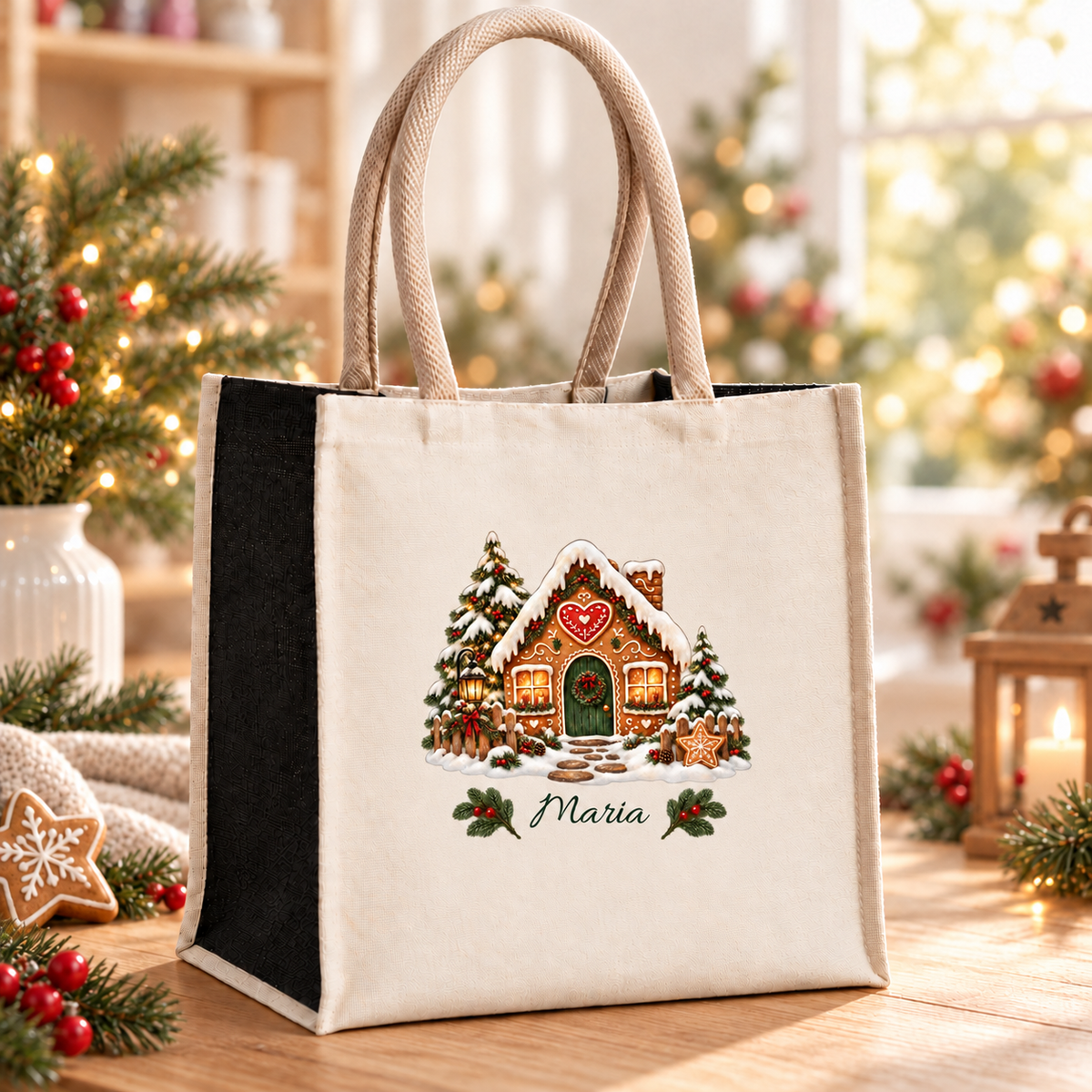 Weihnachtstasche mit Namen – Lebkuchenhaus Herzhäuschen – Produktansicht 2