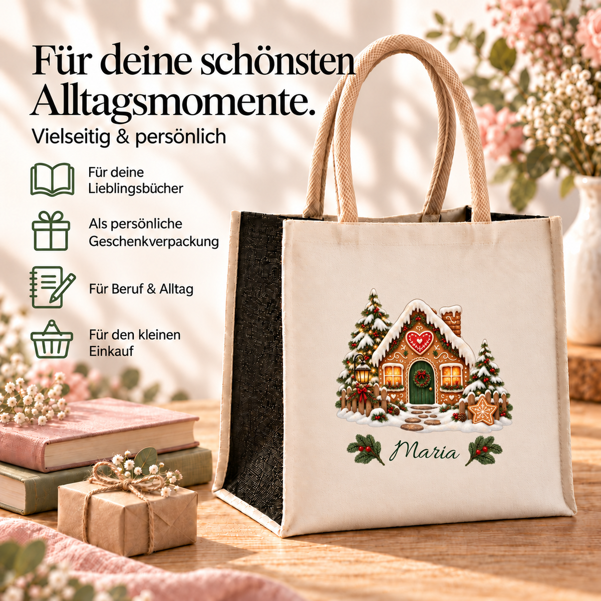 Weihnachtstasche mit Namen – Lebkuchenhaus Herzhäuschen – Produktansicht 5