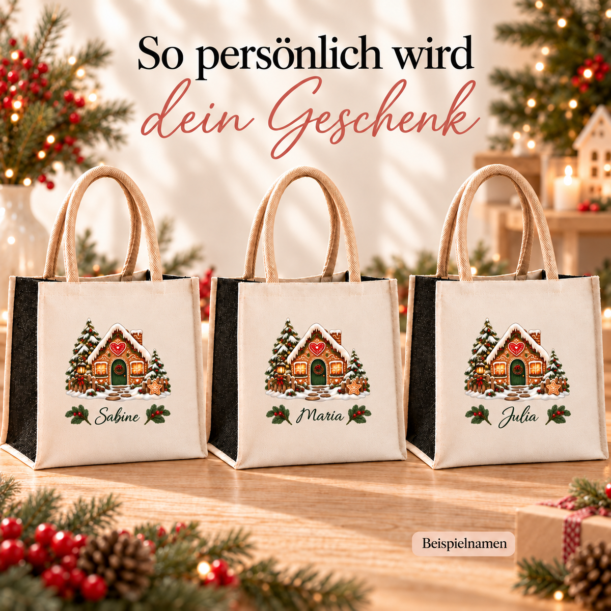 Weihnachtstasche mit Namen – Lebkuchenhaus Herzhäuschen – Produktansicht 6