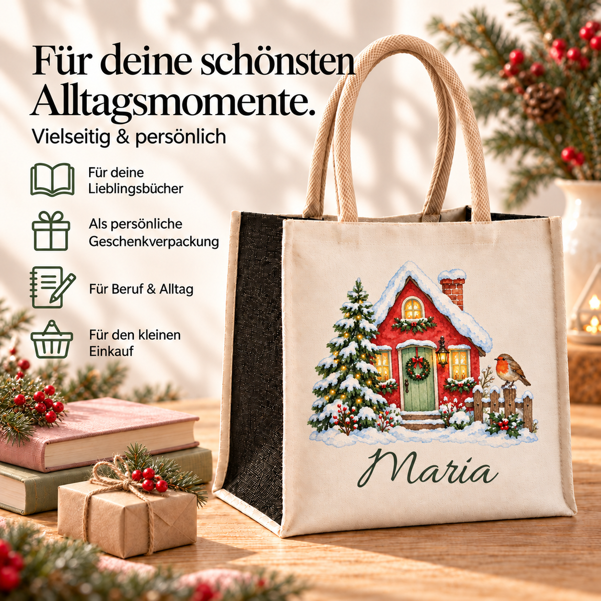 Tasche mit Motiv „Winterhäuschen mit Rotkehlchen“ und Ideen für Bücher, Geschenkverpackung, Alltag und kleine Einkäufe.