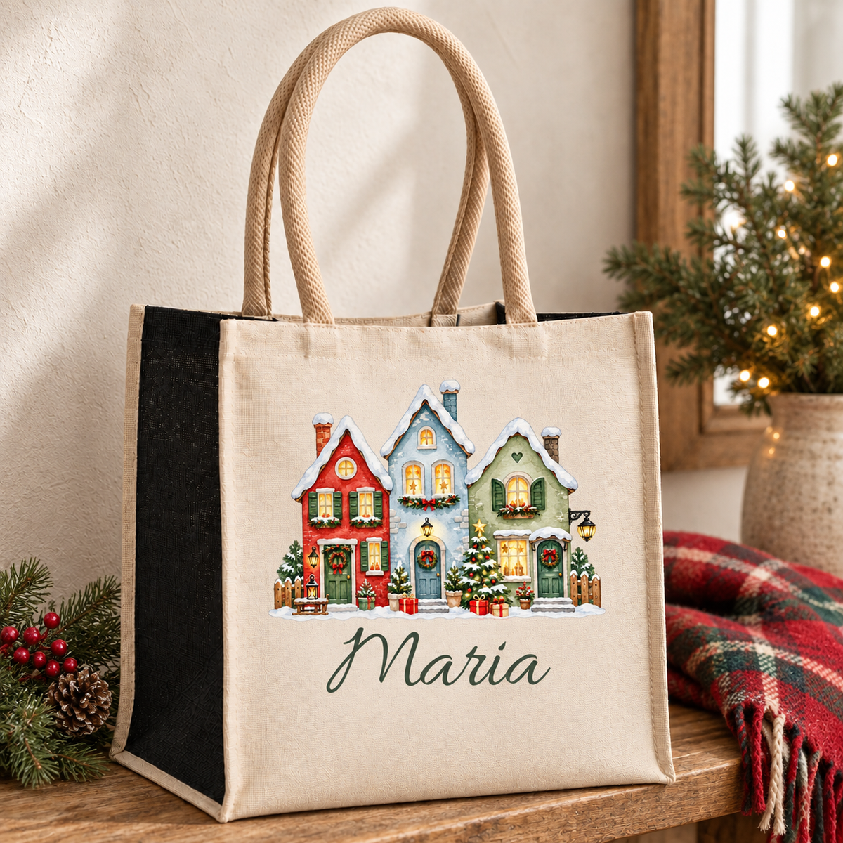 Personalisierte Tasche mit Motiv „Bunte Weihnachtshäuserzeile“ auf einer Holzbank neben winterlicher Dekoration.
