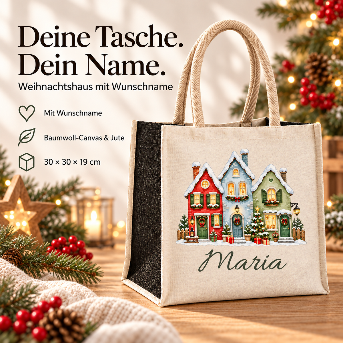 Produktübersicht zur Tasche mit Motiv „Bunte Weihnachtshäuserzeile“: Wunschname, Baumwoll-Canvas und Jute sowie Maße.