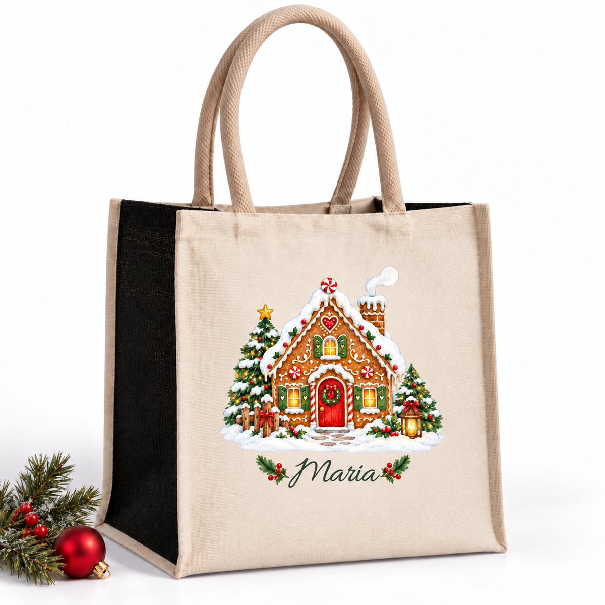 Naturfarbene Tasche mit schwarzen Seiten, Motiv Lebkuchenhäuschen und personalisiertem Wunschnamen.