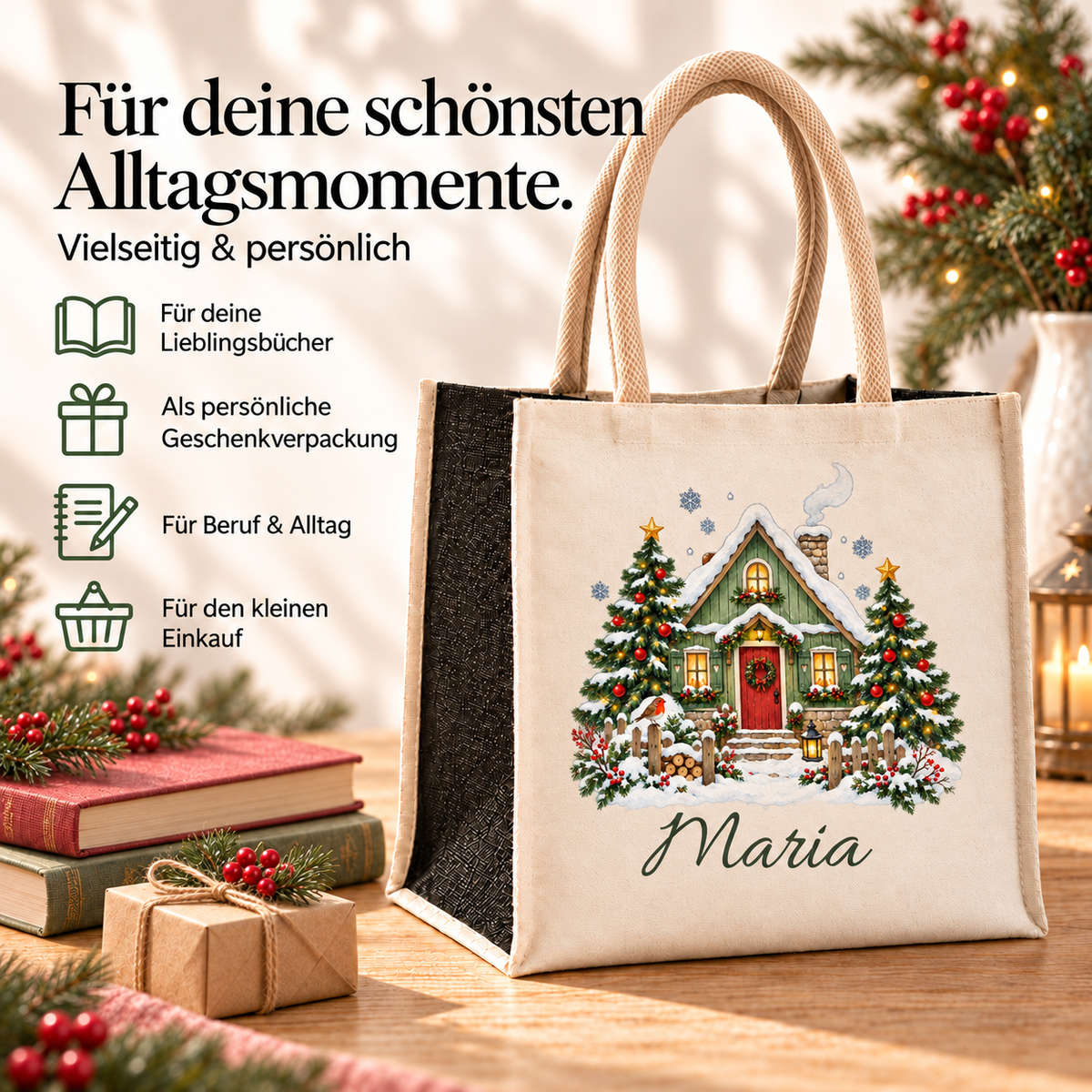 Tasche mit Motiv „Waldhäuschen mit Tannen“ und Ideen für Bücher, Geschenkverpackung, Alltag und kleine Einkäufe.