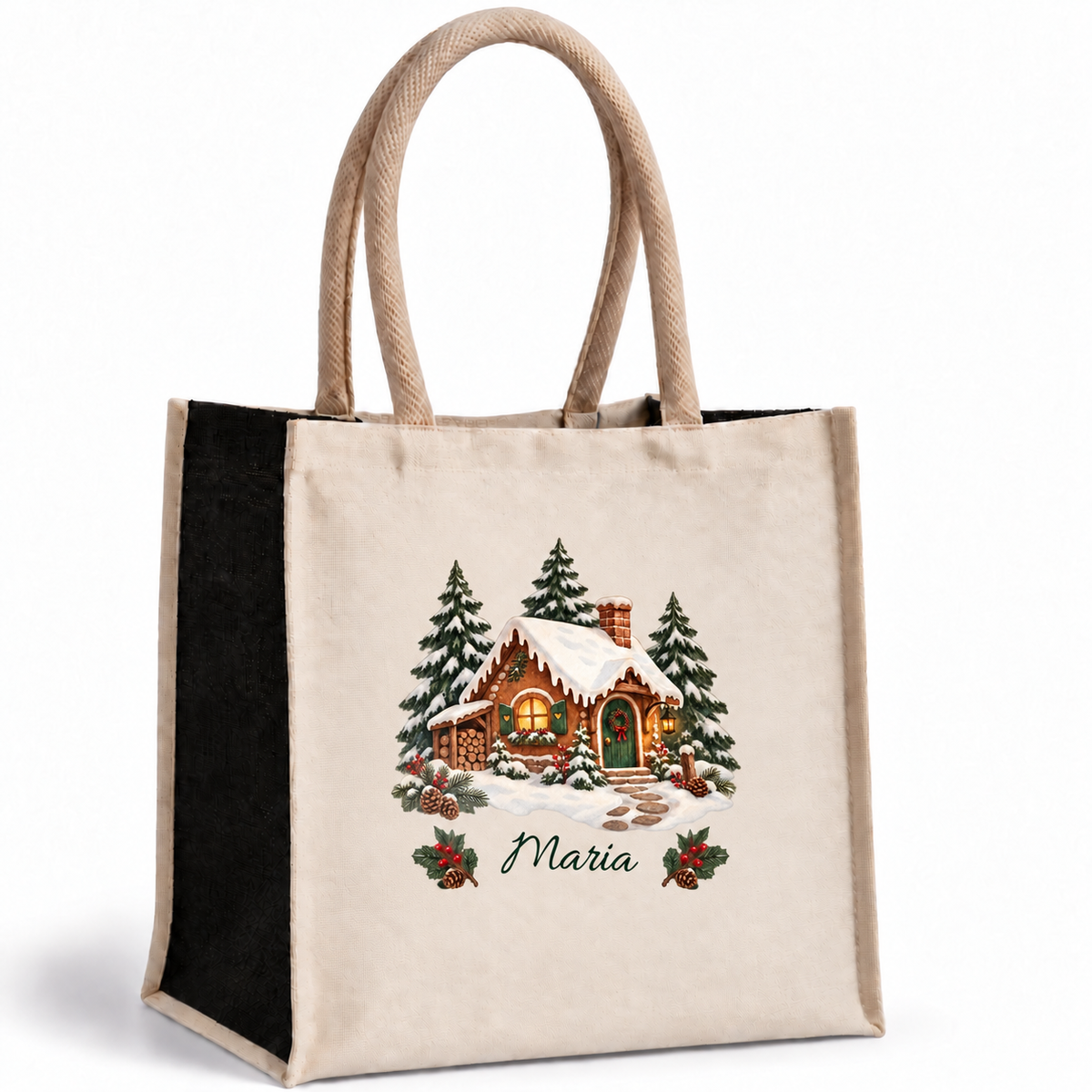 Weihnachtstasche mit Namen – Lebkuchenhaus Waldhäuschen – Produktansicht 1
