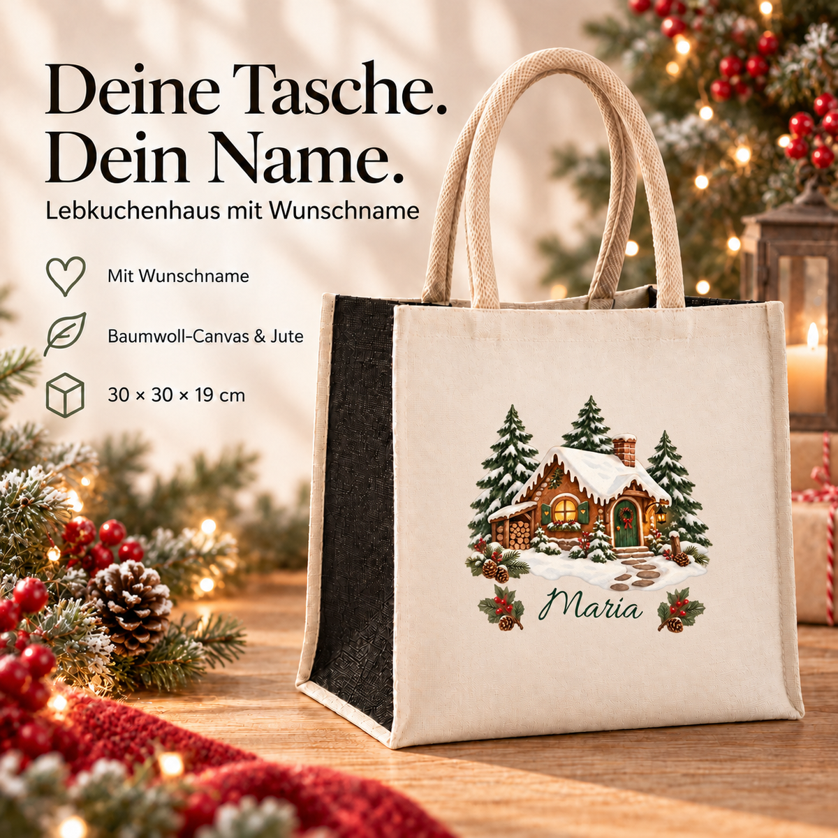 Weihnachtstasche mit Namen – Lebkuchenhaus Waldhäuschen – Produktansicht 4