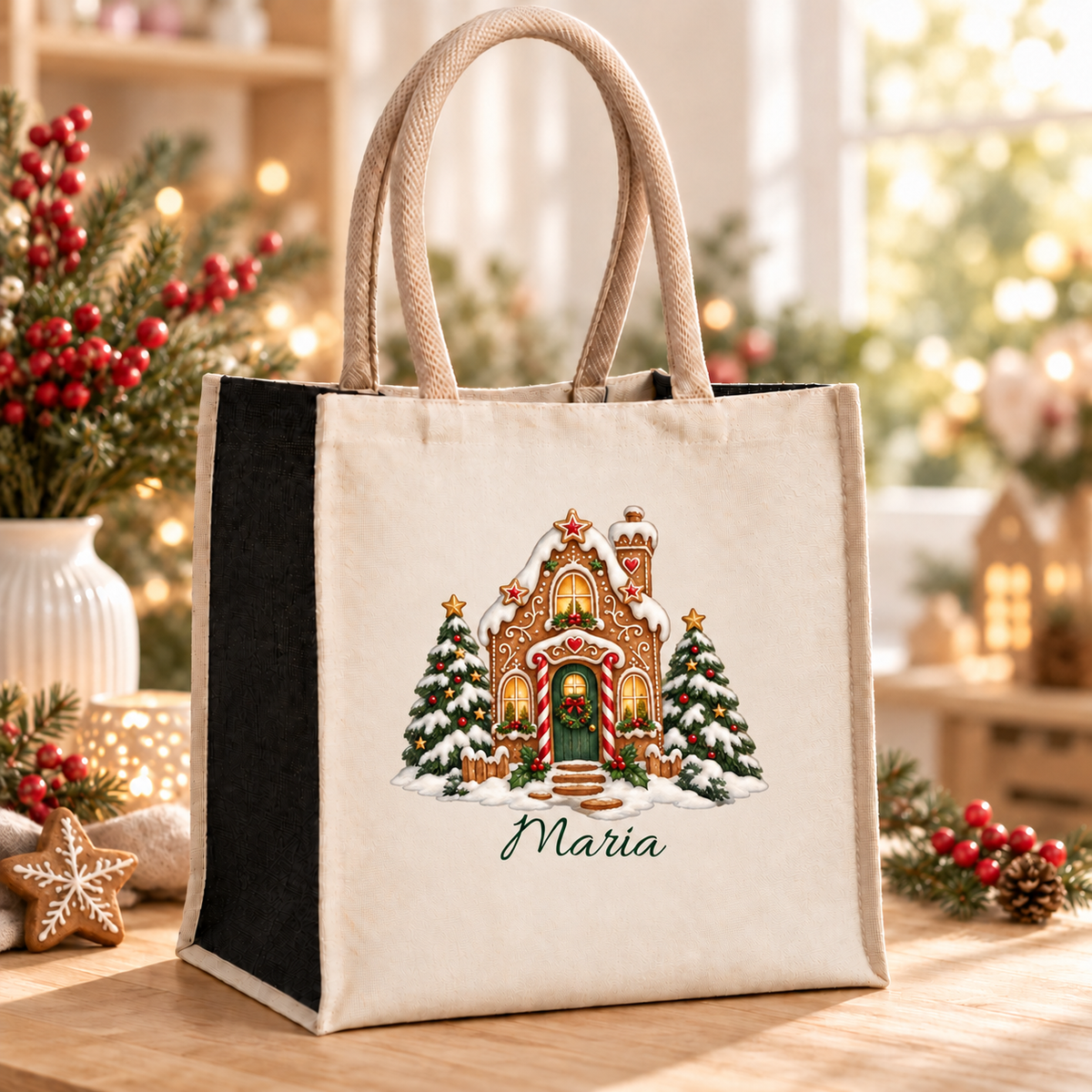 Weihnachtstasche mit Namen – Lebkuchenhaus Zuckerstangenhaus – Produktansicht 2
