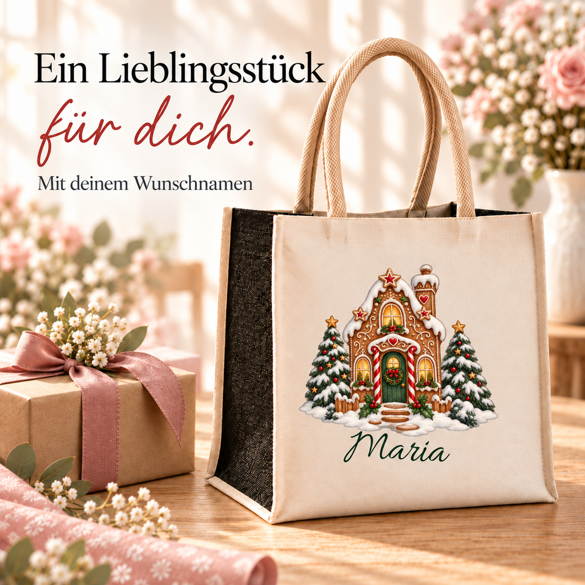 Weihnachtstasche mit Namen – Lebkuchenhaus Zuckerstangenhaus – Produktansicht 7