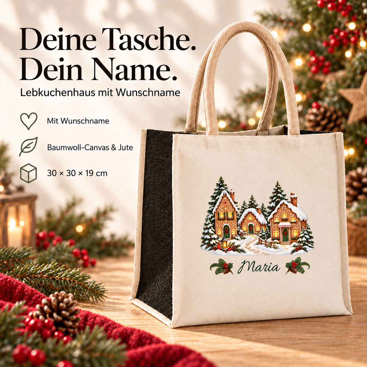 Weihnachtstasche mit Namen – Lebkuchen-Winterdorf – Produktansicht 4