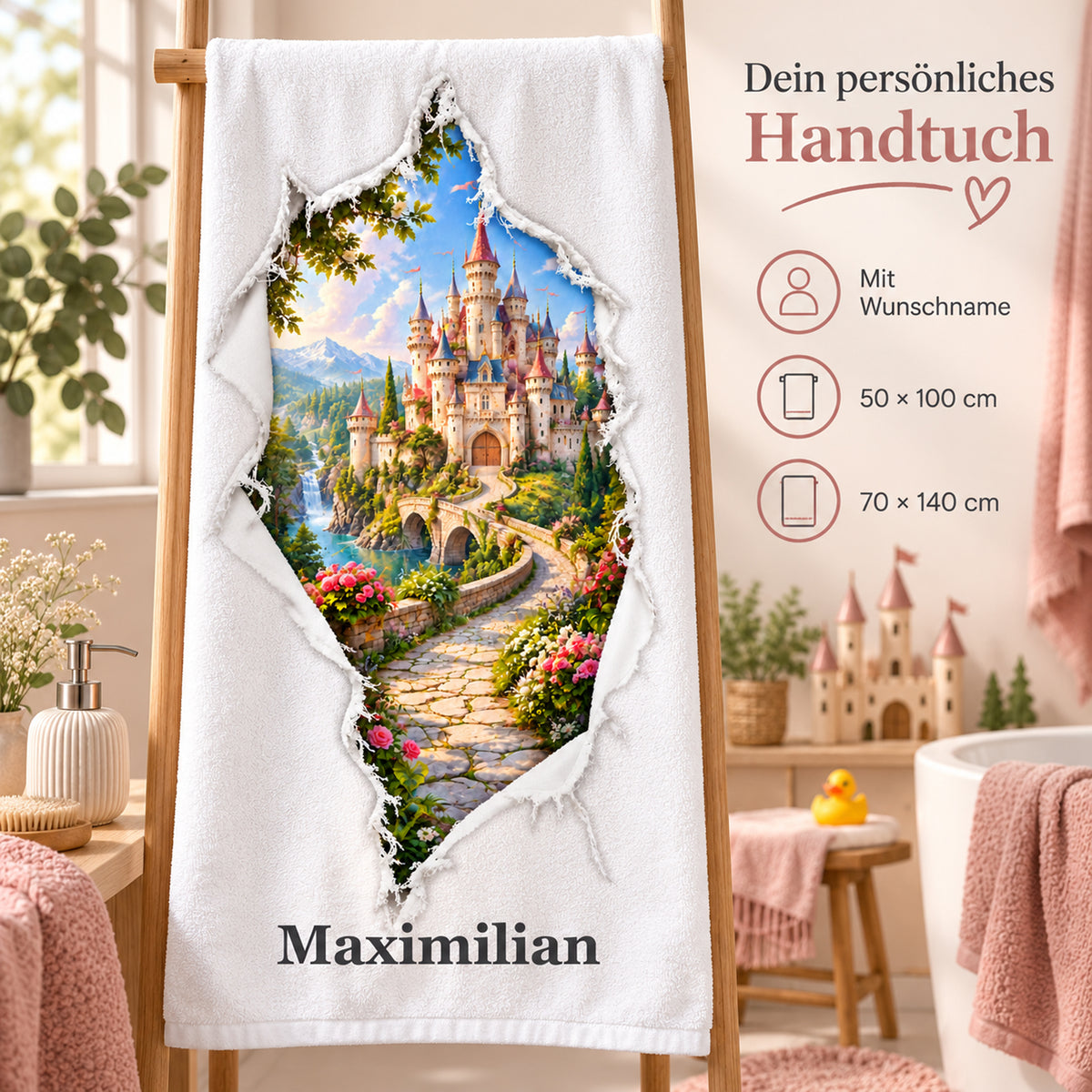 Handtuch mit Märchenschloss-Motiv, Wunschname und Angaben zu den beiden wählbaren Größen.