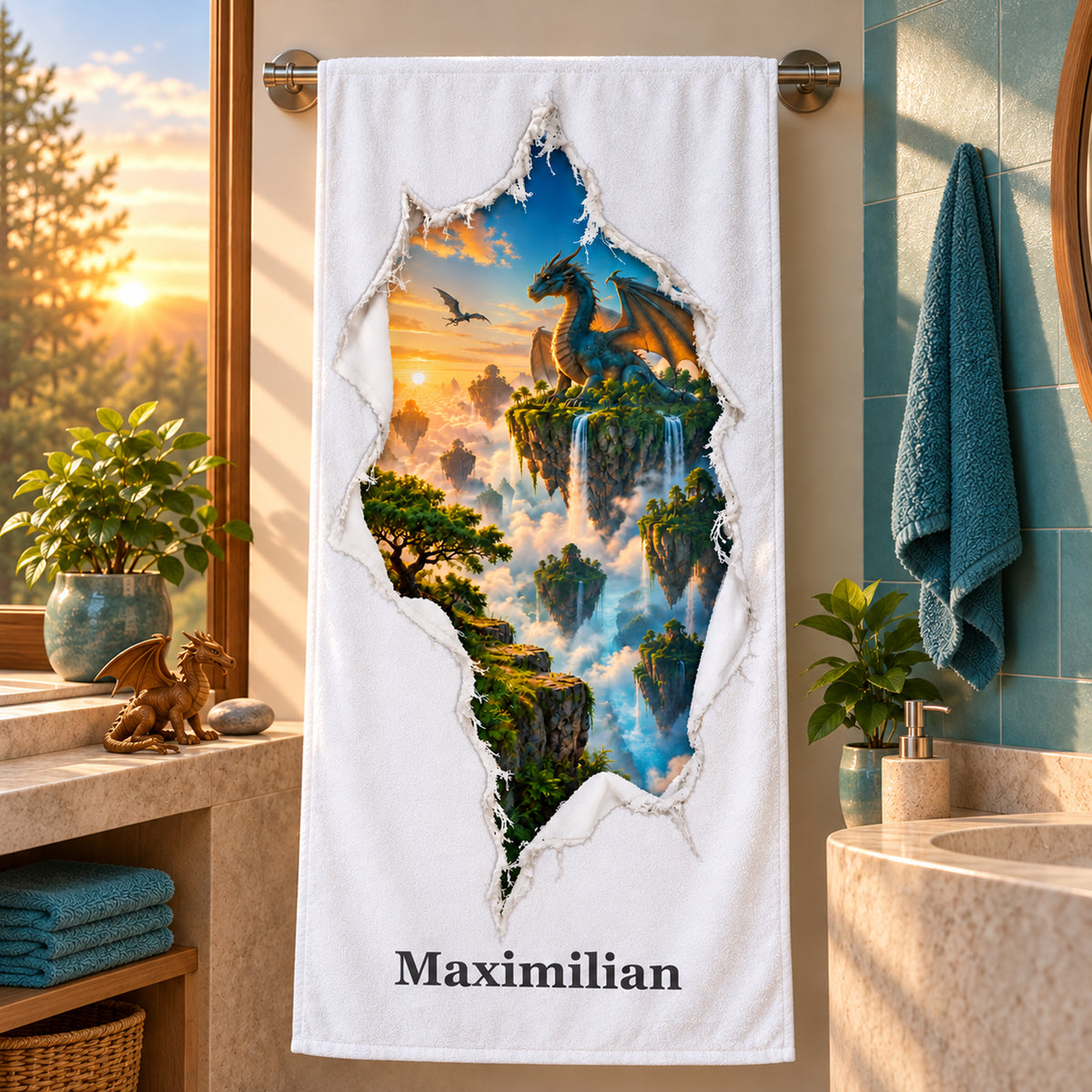 Handtuch mit Dracheninsel-Motiv und Wunschname im Badezimmer mit türkisfarbenen Akzenten und Pflanzen.