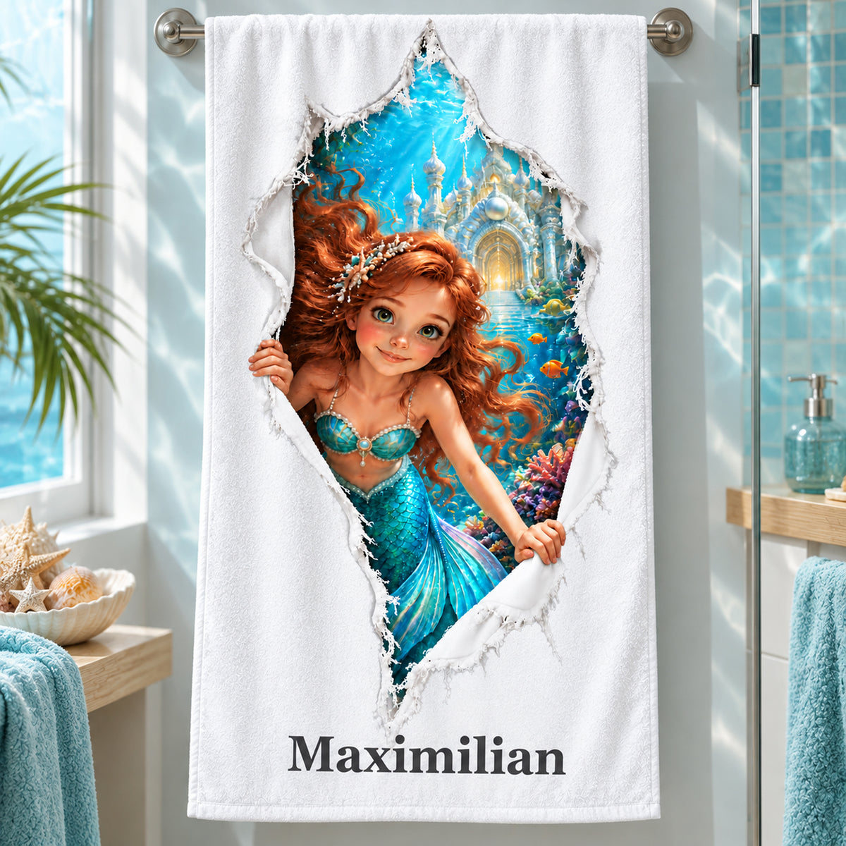 Handtuch mit Meerjungfrau-Motiv und Wunschname im Badezimmer mit türkisfarbenen Fliesen und Muscheldekoration.