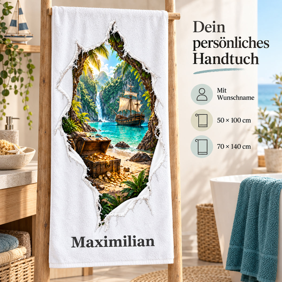 Handtuch mit Piratenbucht-Motiv, Wunschname und Angaben zu den beiden wählbaren Größen.