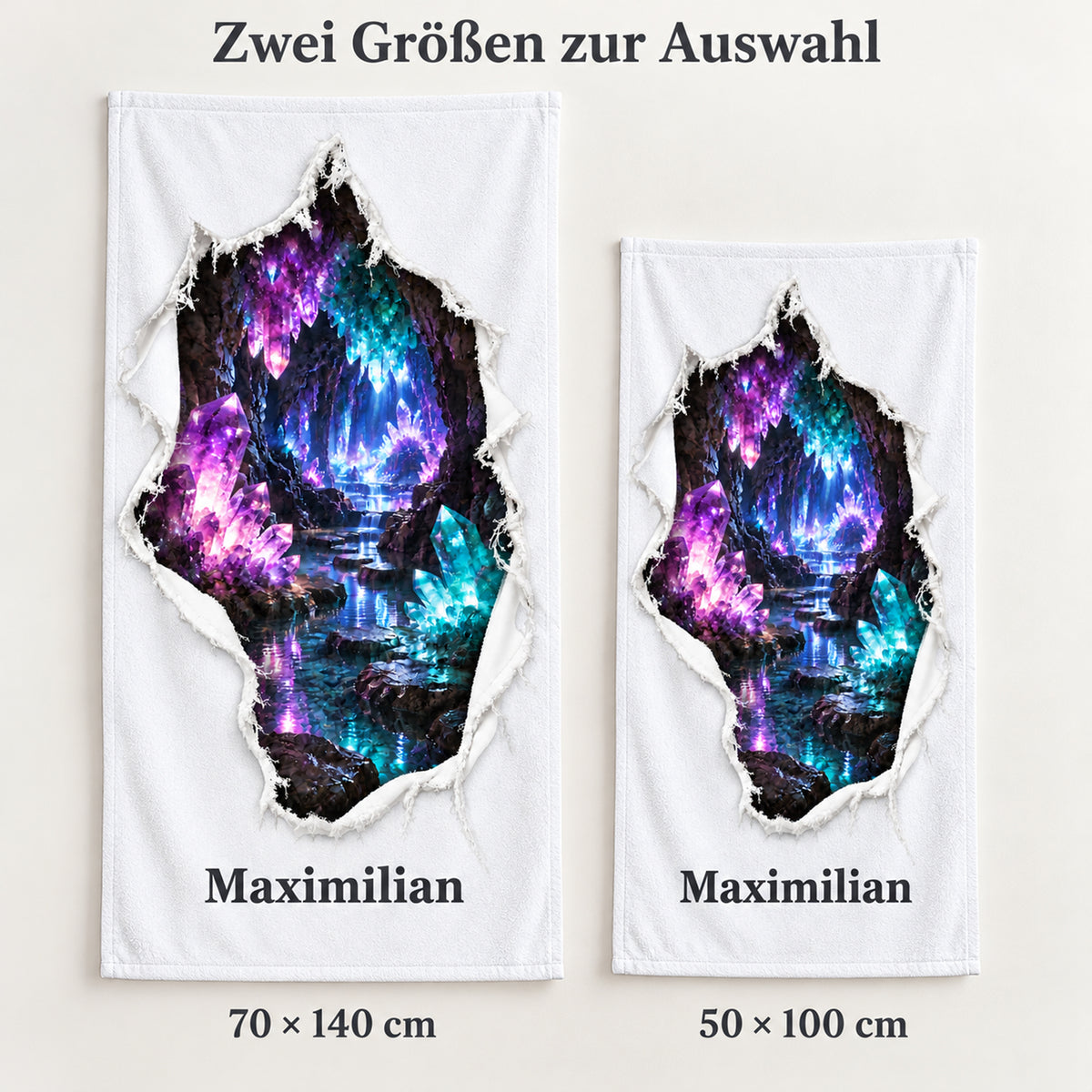 Zwei Größen des Handtuchs mit Kristallhöhle-Motiv im Vergleich: 70 × 140 cm und 50 × 100 cm.