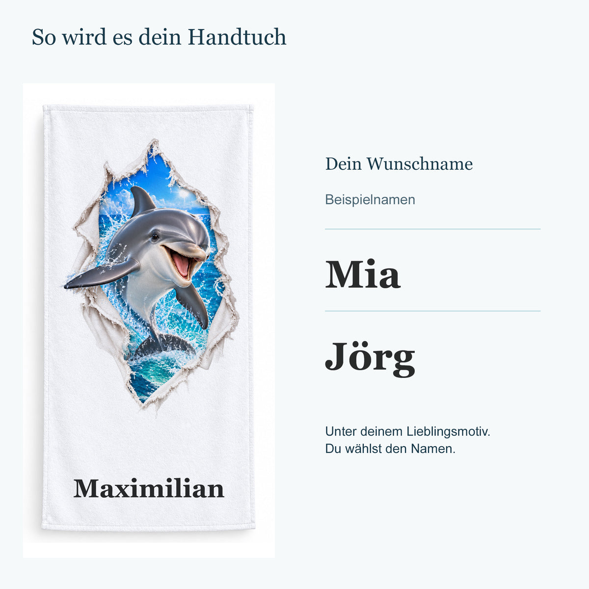 Handtuch mit einem Delfin neben getrennten Beispielnamen in kräftiger Serifenschrift.