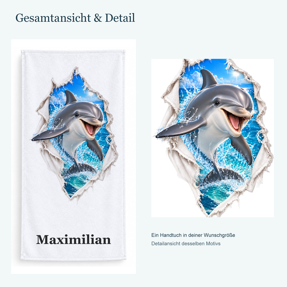 Ganzes Handtuch mit einem Delfin und vergrößerter Detailansicht desselben Druckmotivs.