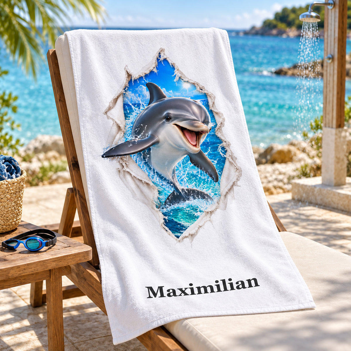 Handtuch mit einem Delfin und Wunschname in einer Szene am Wasser.