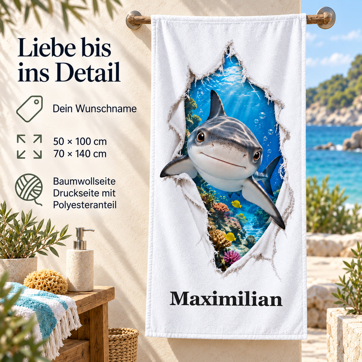 Handtuch mit einem freundlichen Hai: Produktdetails zu Wunschname, beiden Größen und Material.