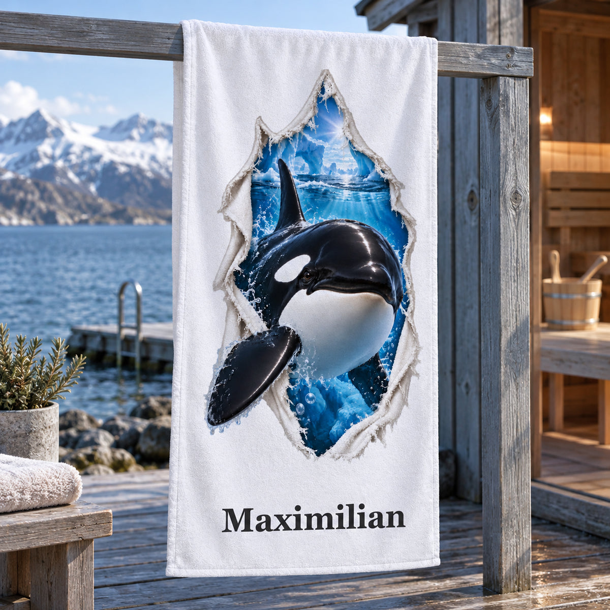 Bedruckte Vorderseite eines weißen Handtuchs mit einem Orca, Stoffrissmotiv und Wunschname.