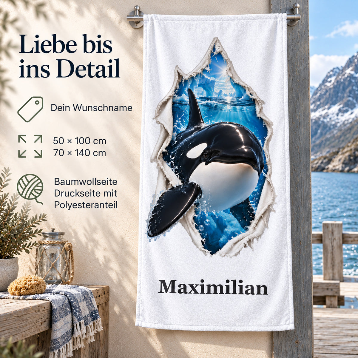 Handtuch mit einem Orca: Produktdetails zu Wunschname, beiden Größen und Material.