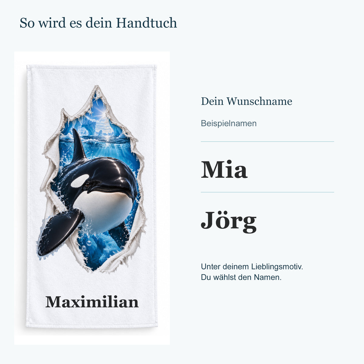 Handtuch mit einem Orca neben getrennten Beispielnamen in kräftiger Serifenschrift.