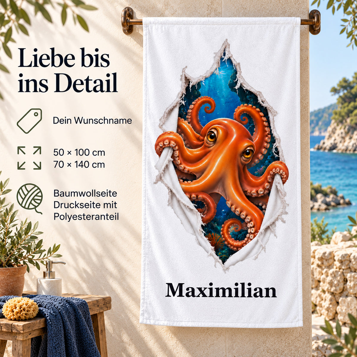 Handtuch mit einer Krake: Produktdetails zu Wunschname, beiden Größen und Material.