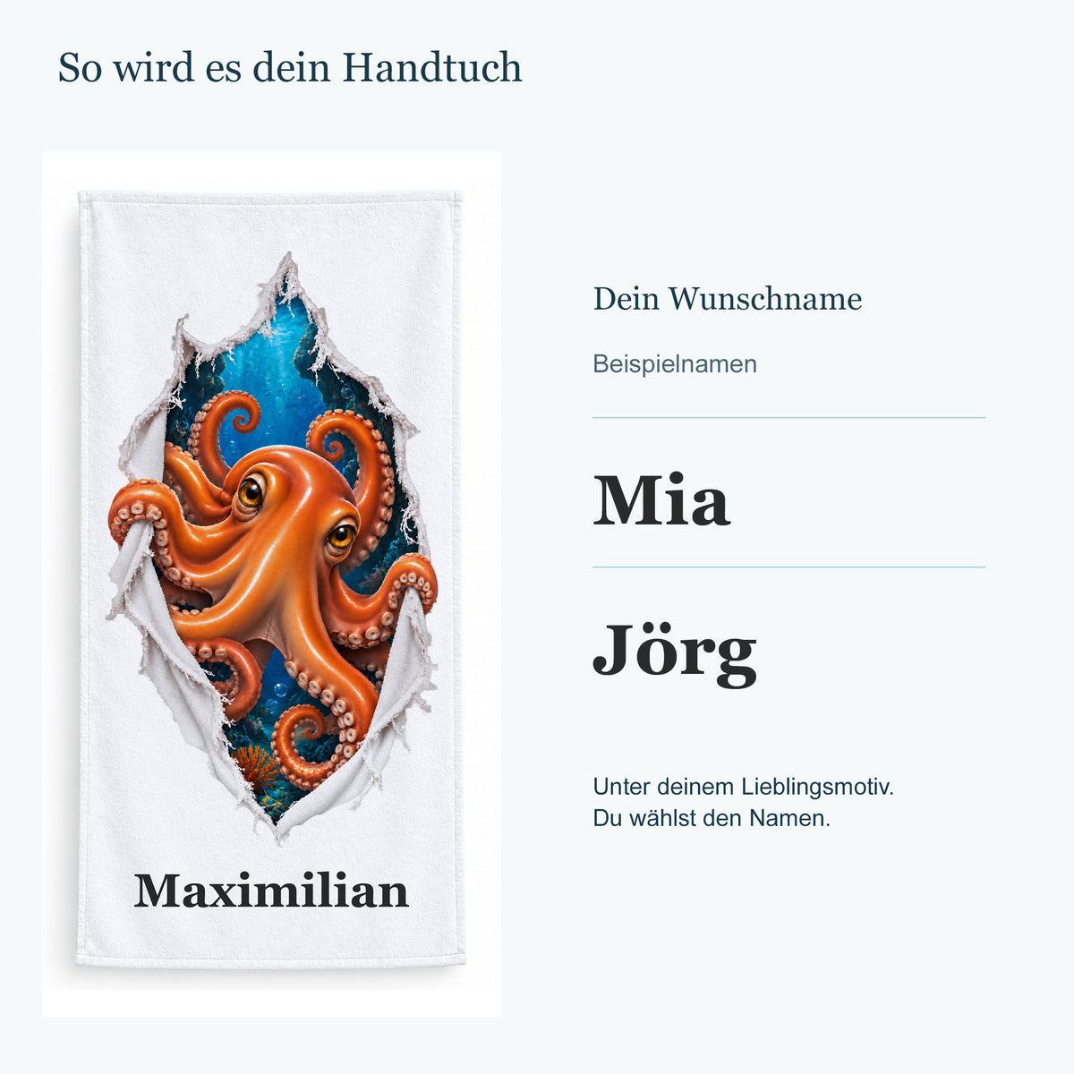 Handtuch mit einer Krake neben getrennten Beispielnamen in kräftiger Serifenschrift.