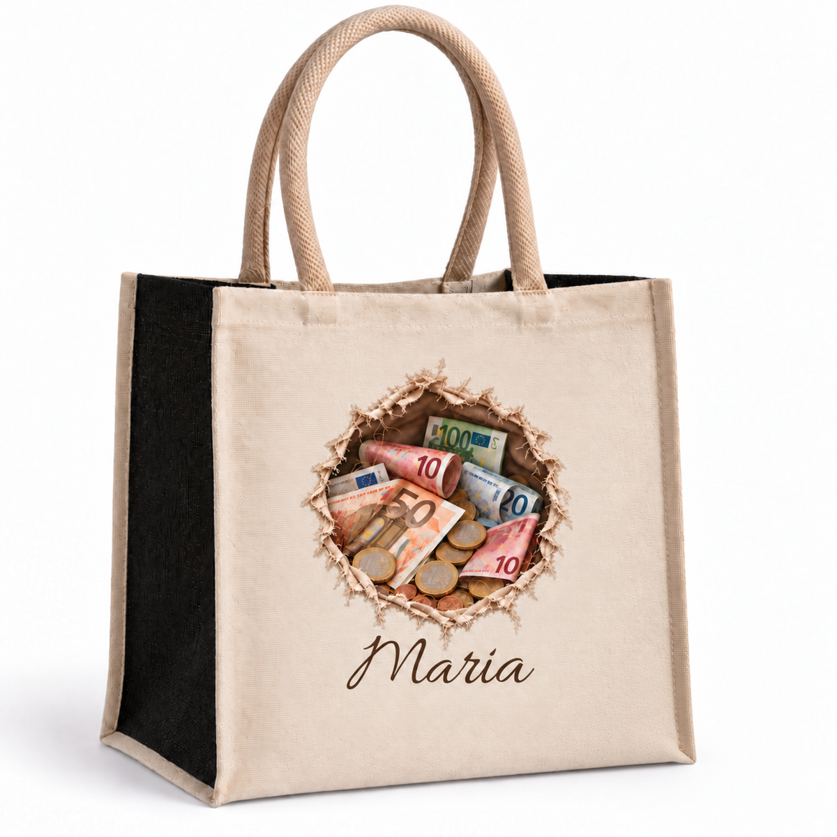 Shoppingtasche mit Wunschname, schwarzen Seiten und Geldmotiv: gerollte und gefaltete Geldscheine mit Münzen.