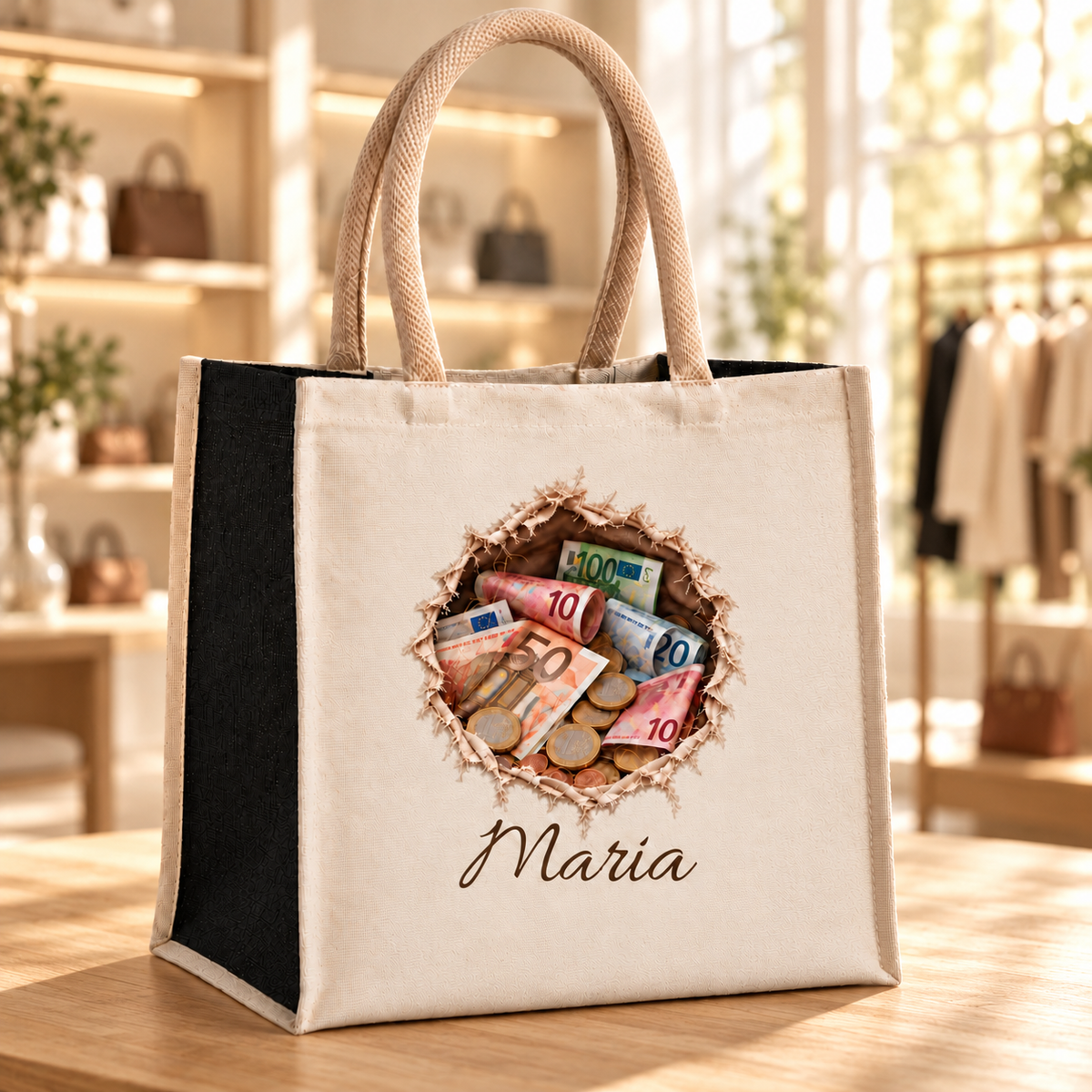Shoppingtasche mit Wunschname und Motiv „Geld sichtbar“ auf einem Holztisch in einer hellen Boutique.