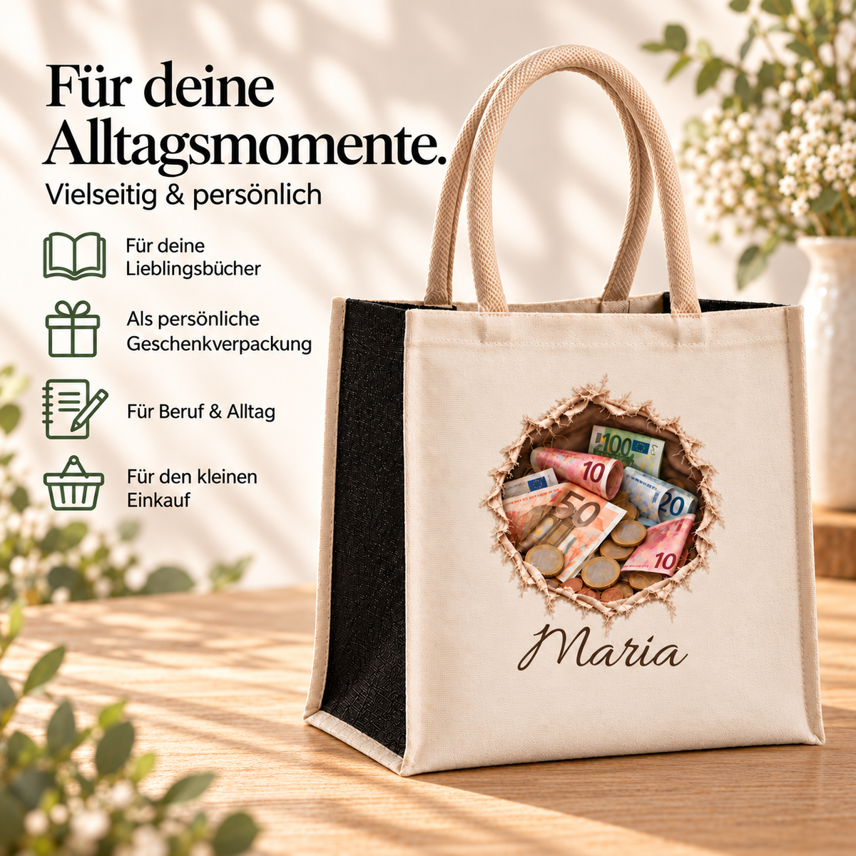 Tasche mit Geldmotiv und Wunschname; Ideen für Bücher, Geschenkverpackung, Beruf, Alltag und kleine Einkäufe.