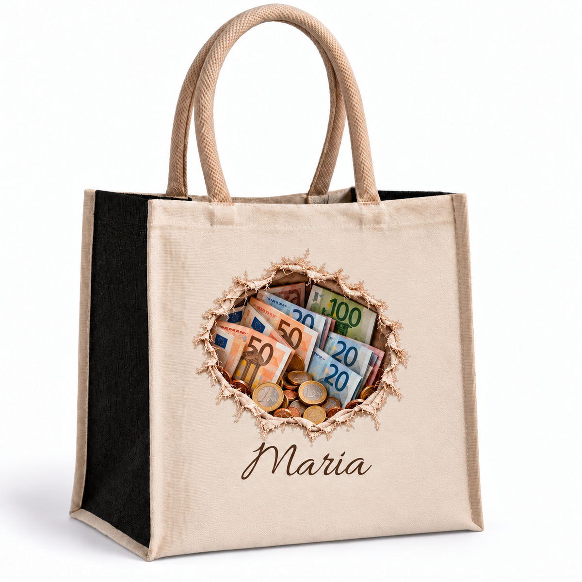 Shoppingtasche mit Wunschname, schwarzen Seiten und Geldmotiv: gefächerte Geldscheine mit Münzen.
