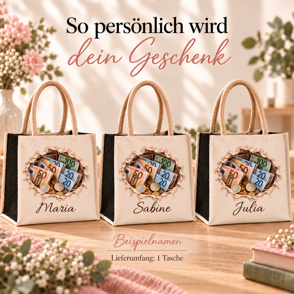 Drei Taschen mit Motiv „Scheine und Münzen“ zeigen unterschiedliche Wunschnamen; Lieferumfang eine Tasche.