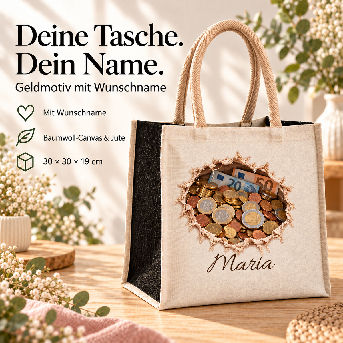Shoppingtasche mit Geldmotiv und Wunschname; Hinweise zu Canvas, Jute und den Maßen 30 × 30 × 19 cm.