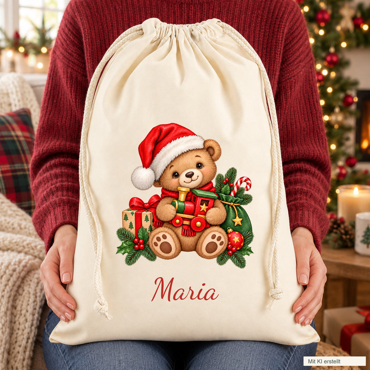 Zwei Hände präsentieren einen naturfarbenen Weihnachtsbär-Geschenksack mit Namensaufdruck