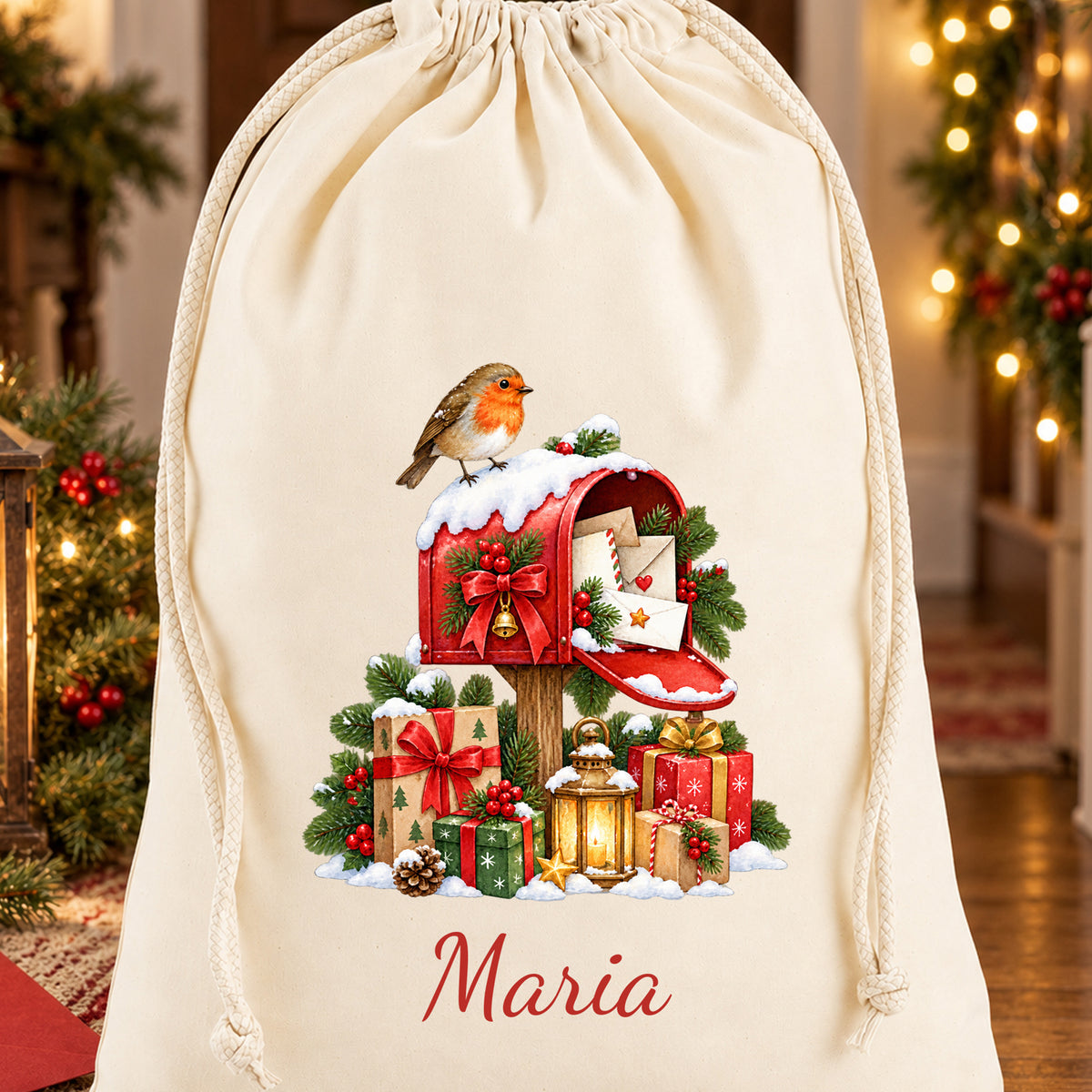 Bedruckter Weihnachtspost-Geschenksack als weihnachtliche Geschenkverpackung in einer festlichen Umgebung