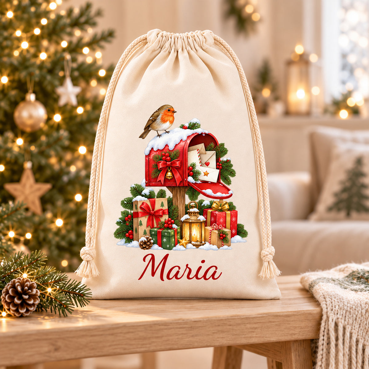Personalisierter Weihnachtspost-Geschenksack mit passender Weihnachtsdekoration