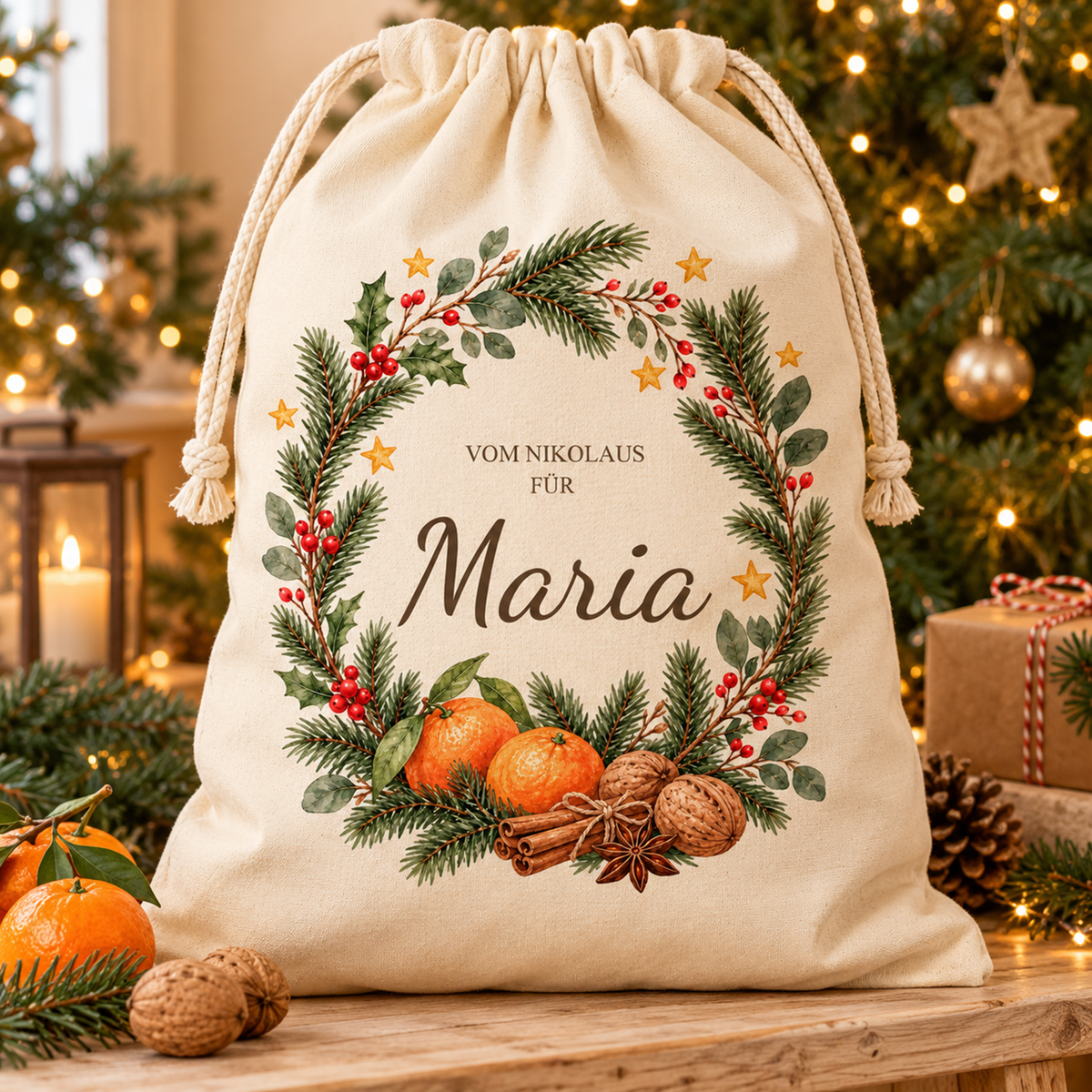Nikolaussack mit Mandarinenkranz und Wunschname vor einem beleuchteten Weihnachtsbaum neben Geschenken, Mandarinen und Nüssen.