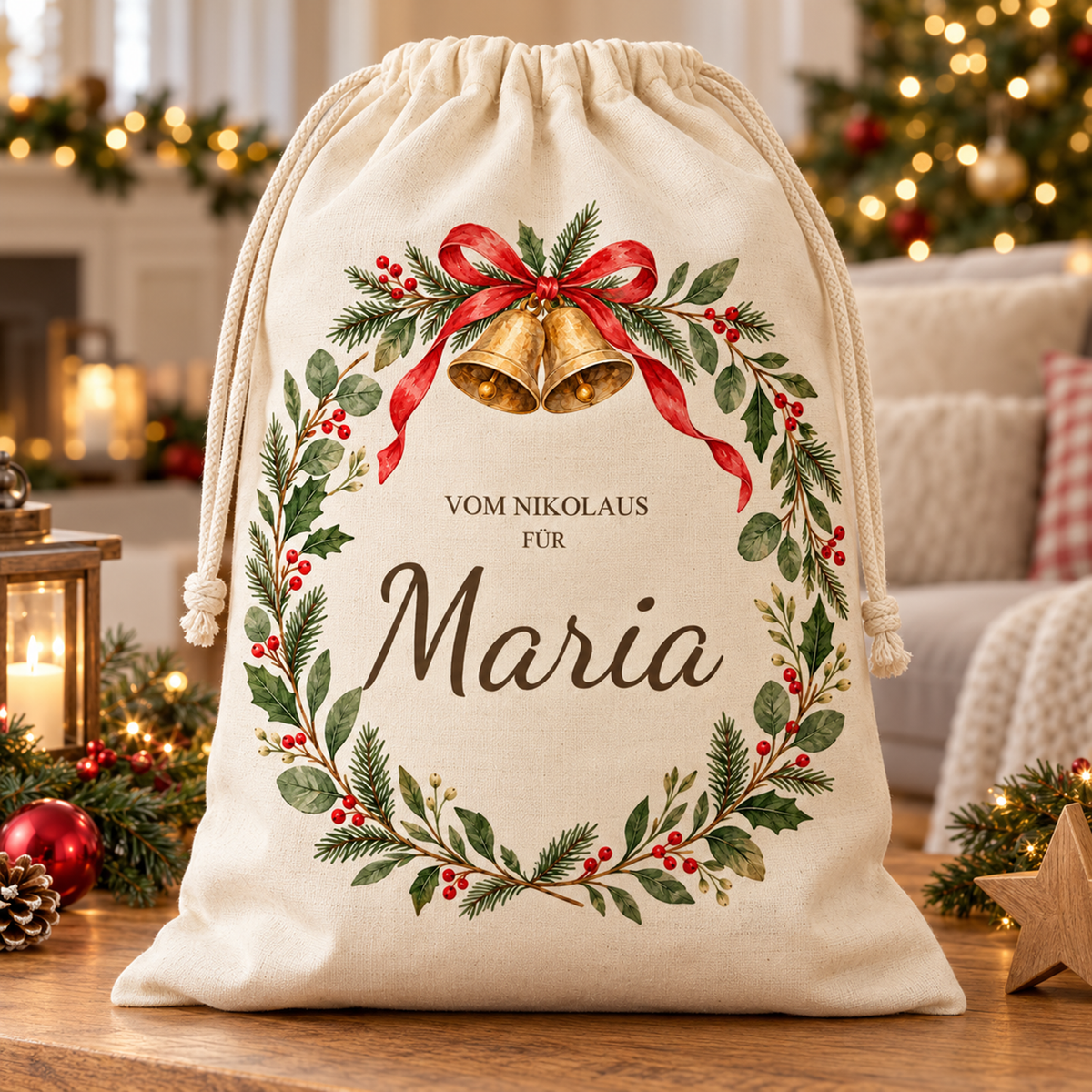 Nikolaussack mit Wunschname, goldenen Glöckchen und roter Schleife auf einem Holztisch im weihnachtlich geschmückten Wohnzimmer.